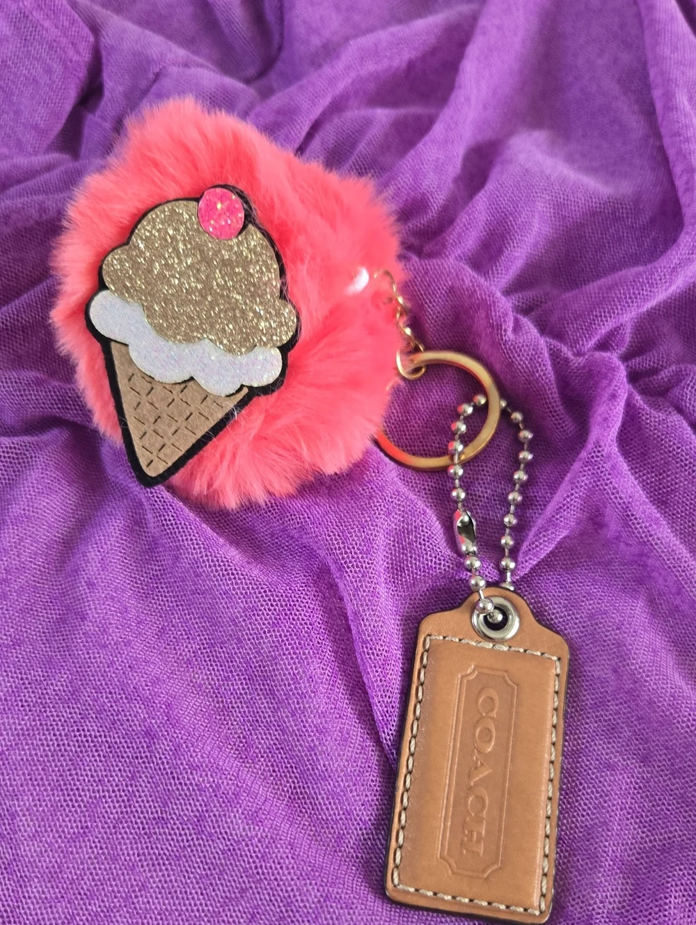 Coach Coral Pom-Pom Ice Cream Bag Charm Keychain